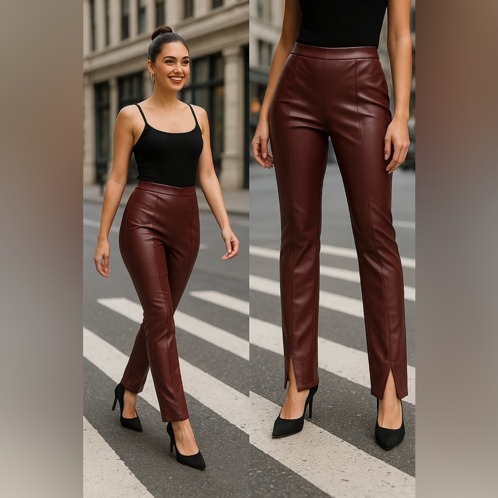 NWOT PrettyLittleThing burgundy faux leather split hem pants size 4